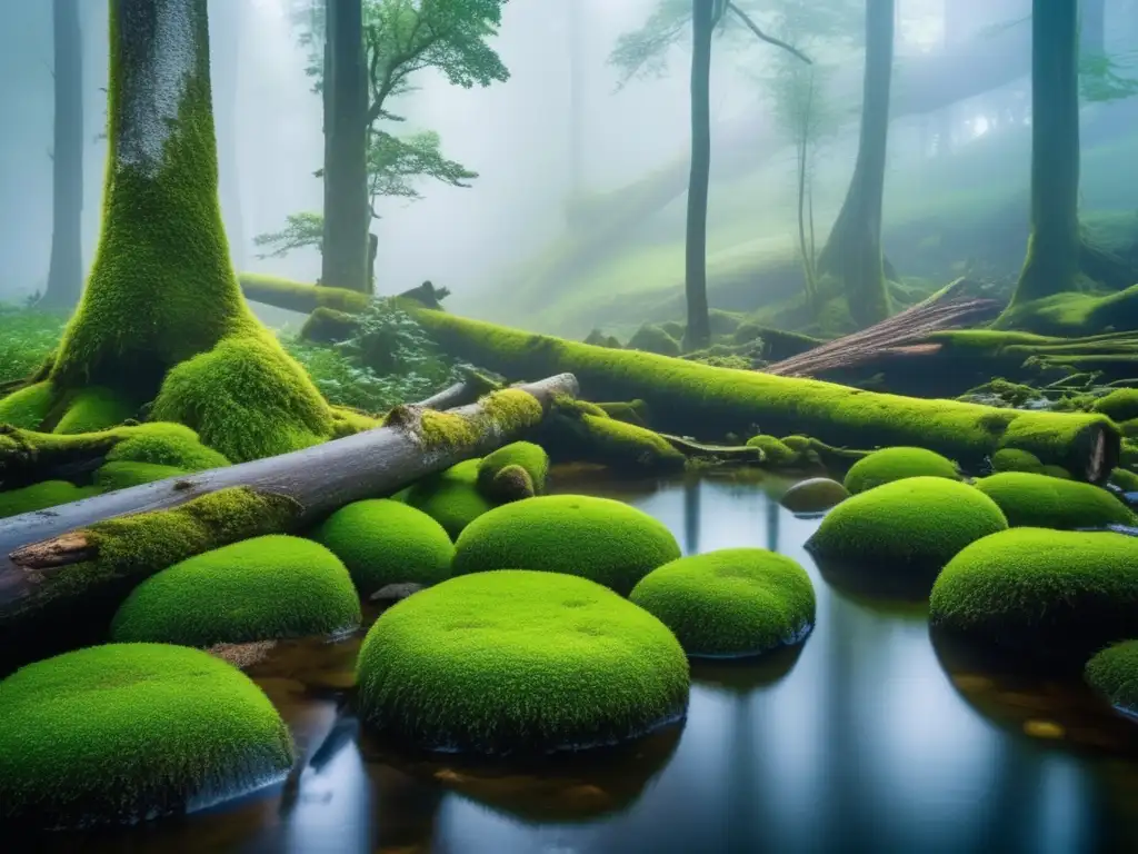 Bosque encantador con rocas cubiertas de musgo y troncos caídos en un entorno húmedo