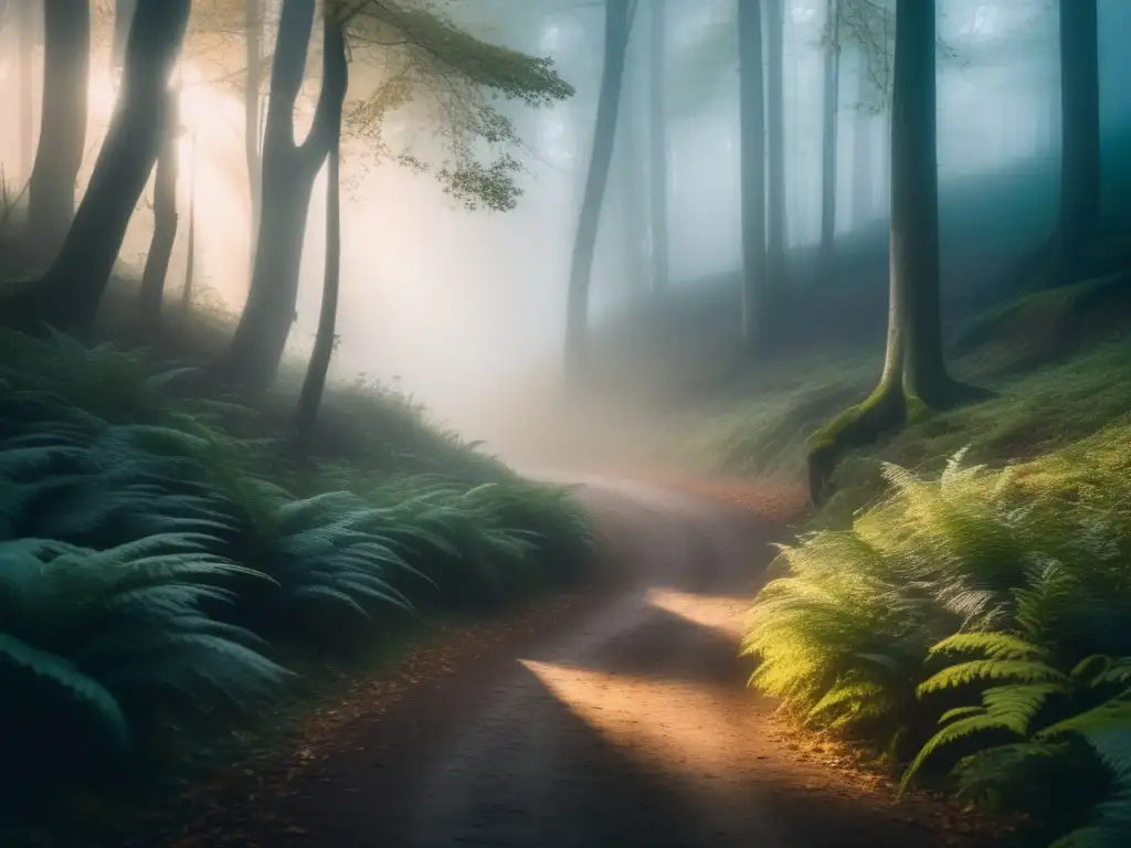 Fotografía de niebla en senderismo: Bosque misterioso y etéreo, envuelto en densa niebla, con luz suave filtrada y sendero serpenteante