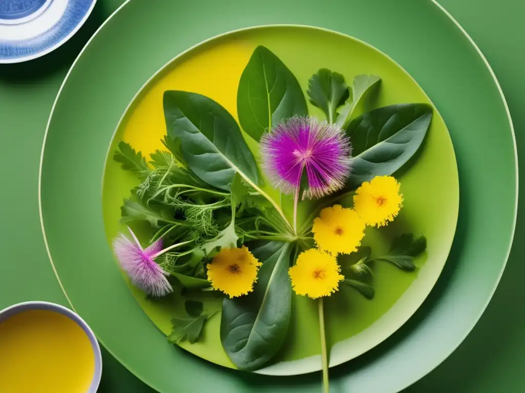 Ensalada de diente de león y ortiga en un paisaje natural: Plantas comestibles para senderismo y camping