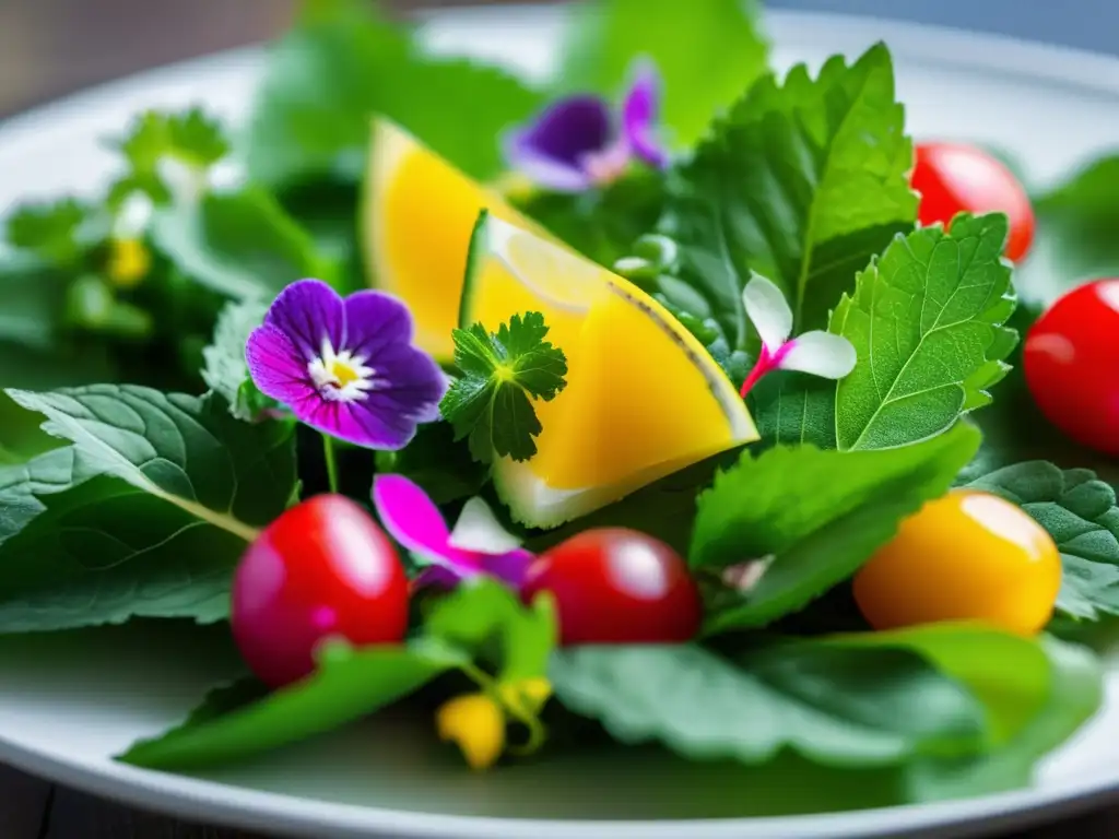 Ensalada de ortigas verdes con flores comestibles, rábanos y tomates