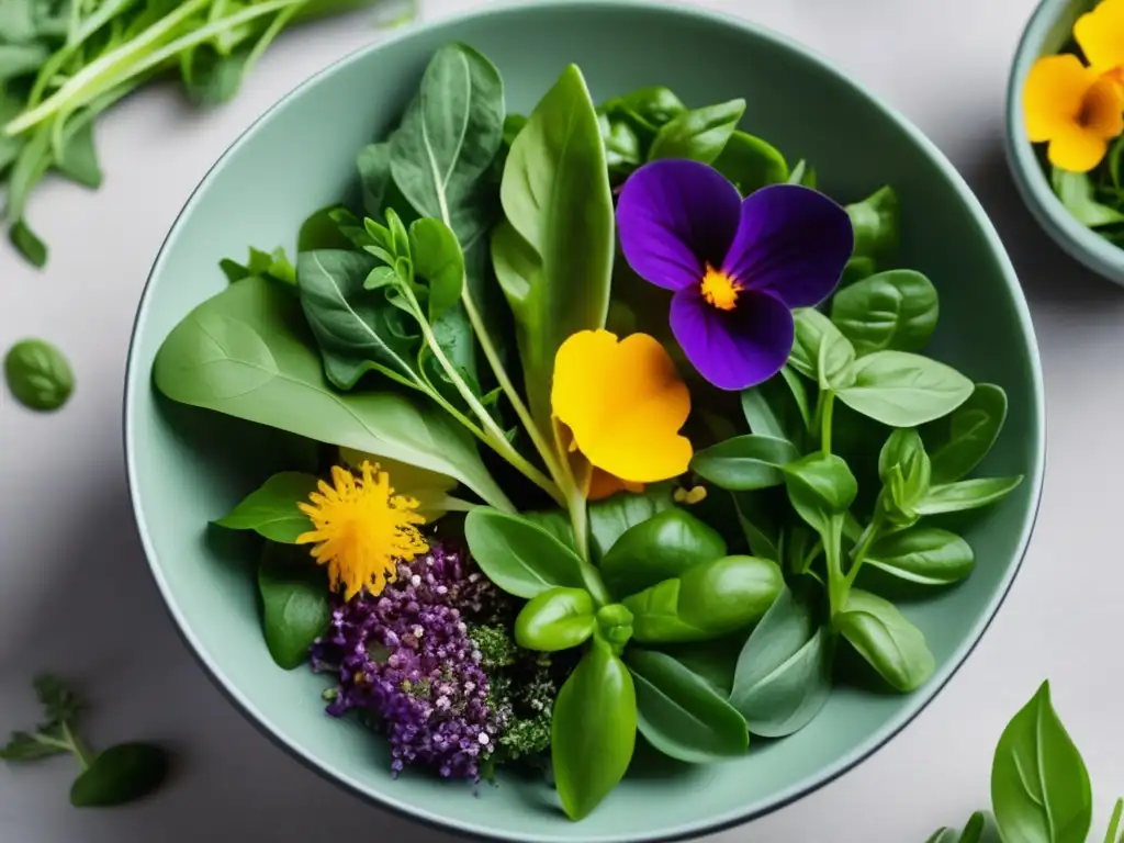 Ensalada de plantas comestibles con variedad de hierbas y flores - Plantas comestibles para recetas