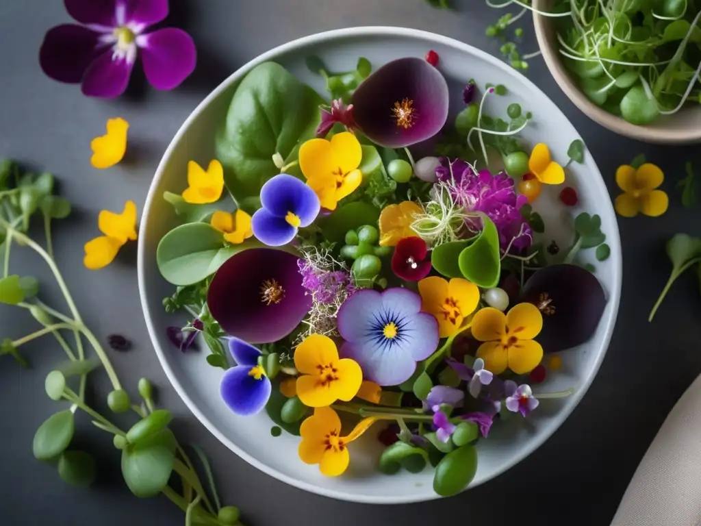 Ensalada colorida y creativa con flores comestibles y microgreens: Recetas de cocina con plantas comestibles