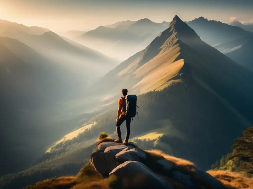 Senderismo: Hiker equilibrado en espectacular paisaje montañoso, demostrando concentración y dominio del equilibrio