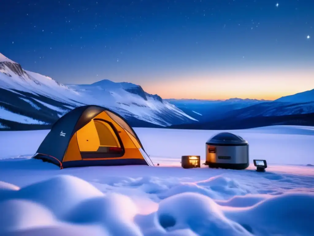 Equipos de acampada de invierno avanzados en paisaje nevado con tienda, estufa y campamento-