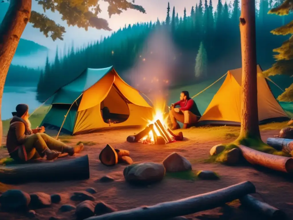 Ilustración de camping misterioso con destinos encantadores y secretos naturales