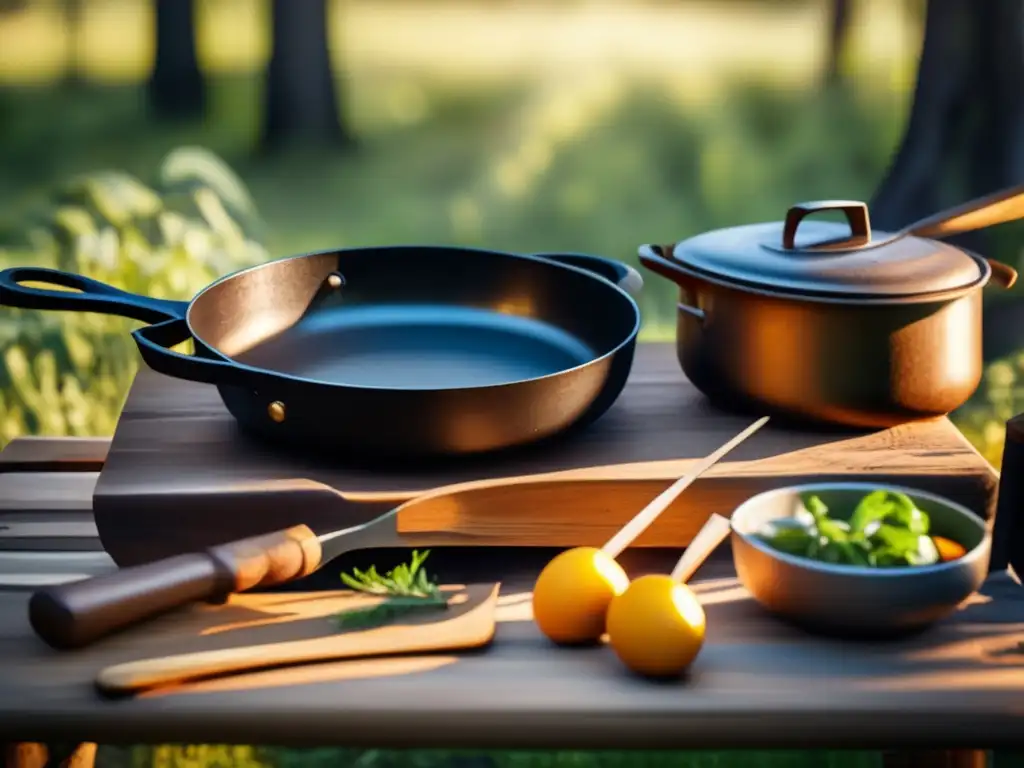 Consejos cocina aire libre: Escena idílica de cocina al aire libre en la naturaleza con utensilios esenciales, verduras frescas y un fogón