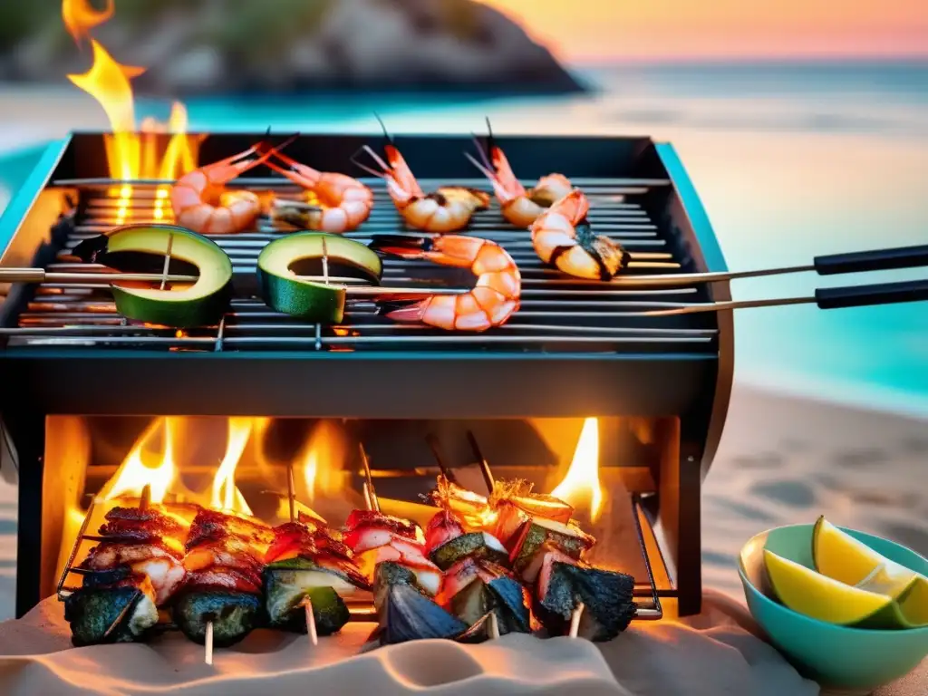 Recetas gourmet al aire libre: escena de cocina vibrante en la playa con amigos y deliciosos kebabs y camarones (110 caracteres)