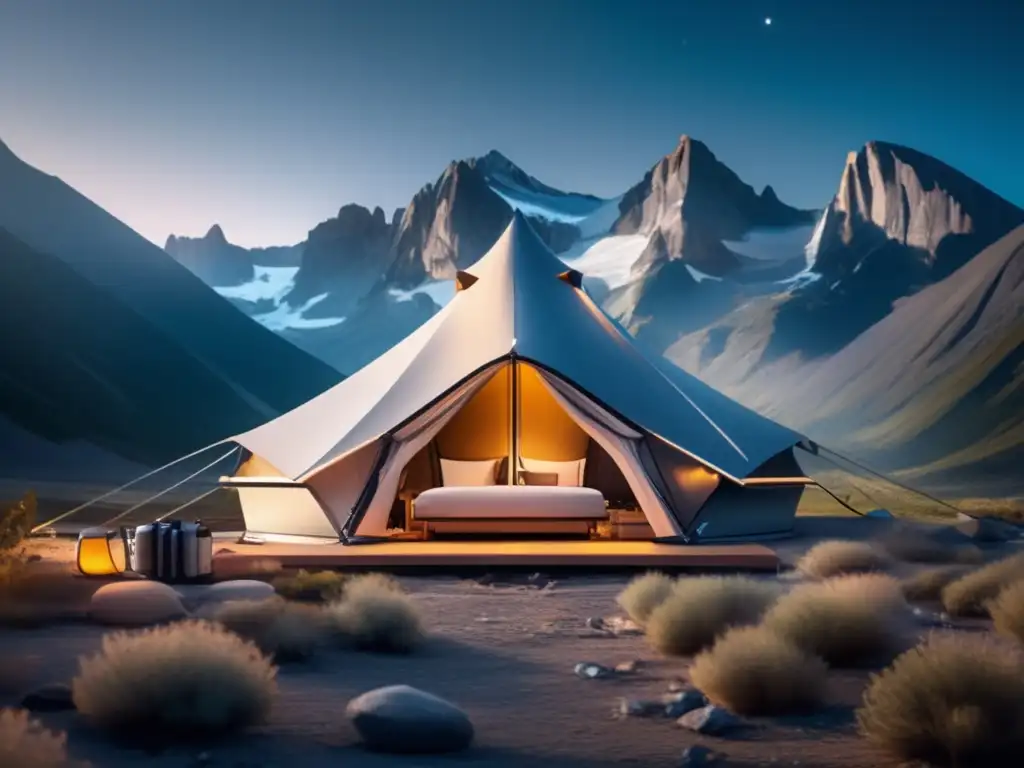 Tendencias equipamiento camping futuro: Tienda de camping futurista en un escenario montañoso con equipo de alta tecnología