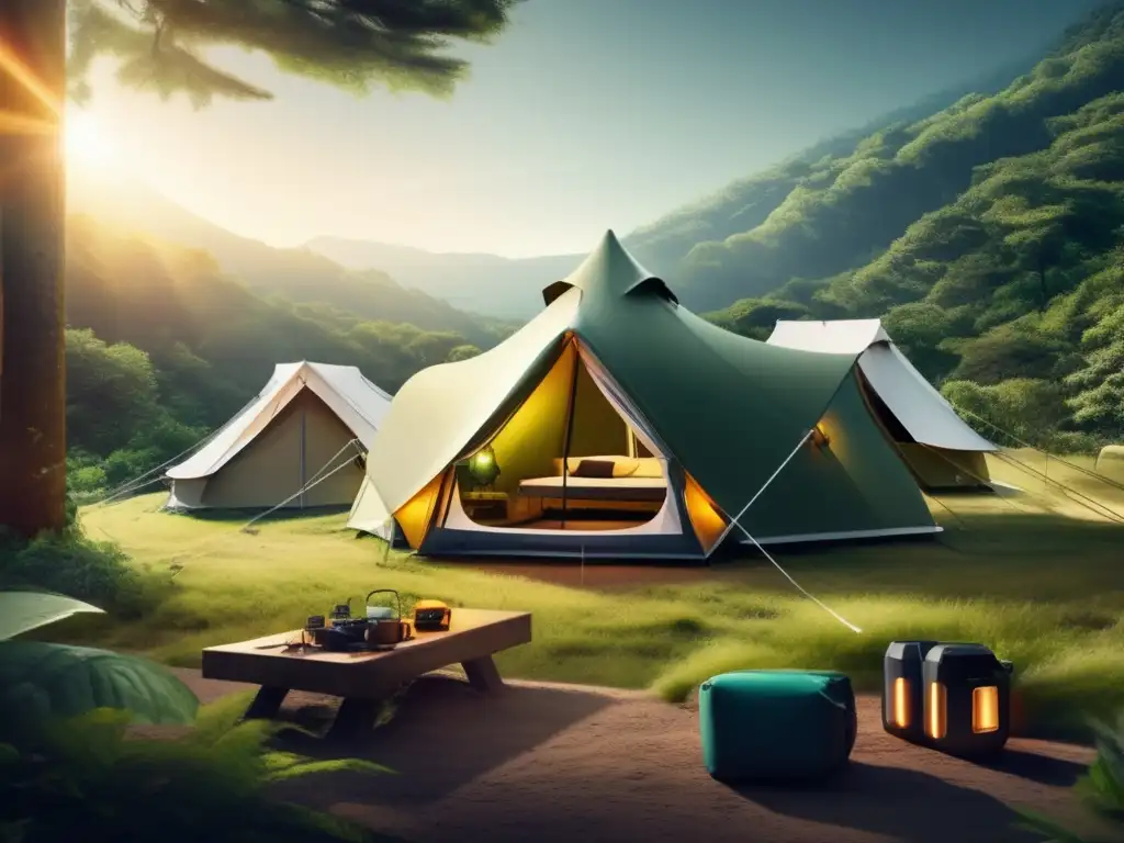 Historia accesorios acampada: escena moderna y tecnológica en un bosque exuberante, con tienda espaciosa, cocina avanzada y equipamiento innovador