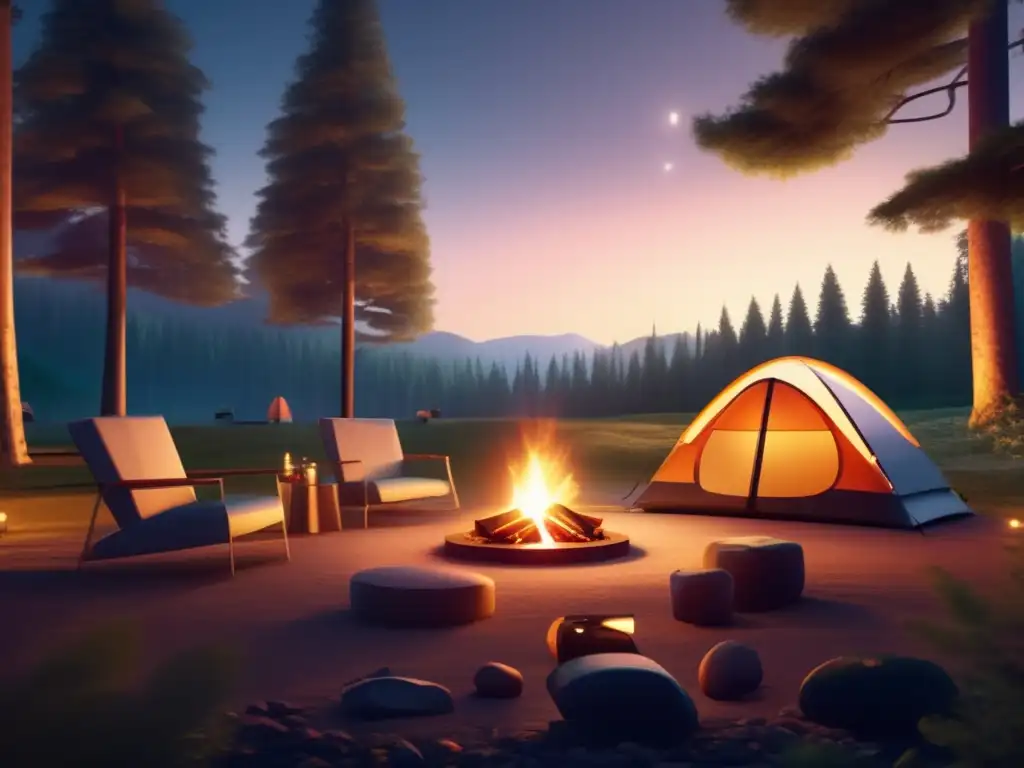 Escena de camping moderna al anochecer con una imagen ultradetallada en 8k