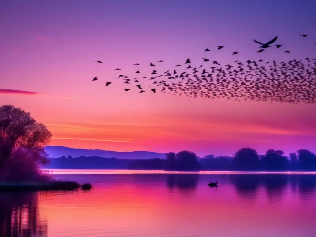 Aves migratorias en vuelo sobre un hermoso atardecer en un lago - Navegación aérea campistas aves