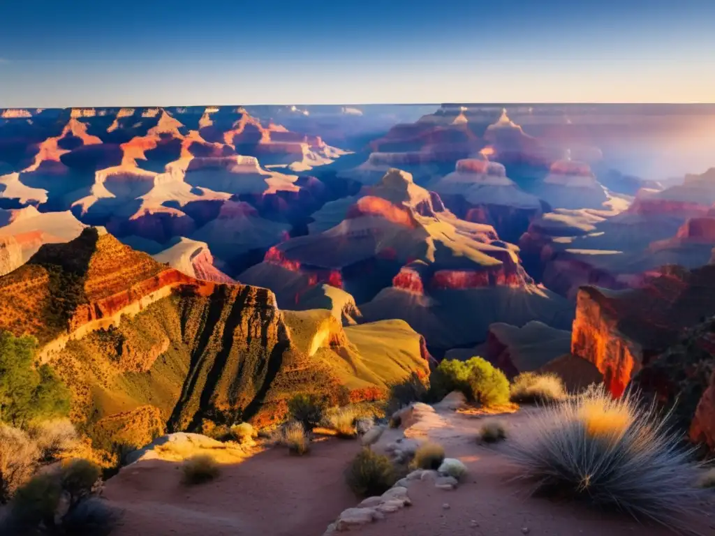 Impacto turismo Grand Canyon: Amanecer en el Gran Cañón, con colores vibrantes y senderistas responsables