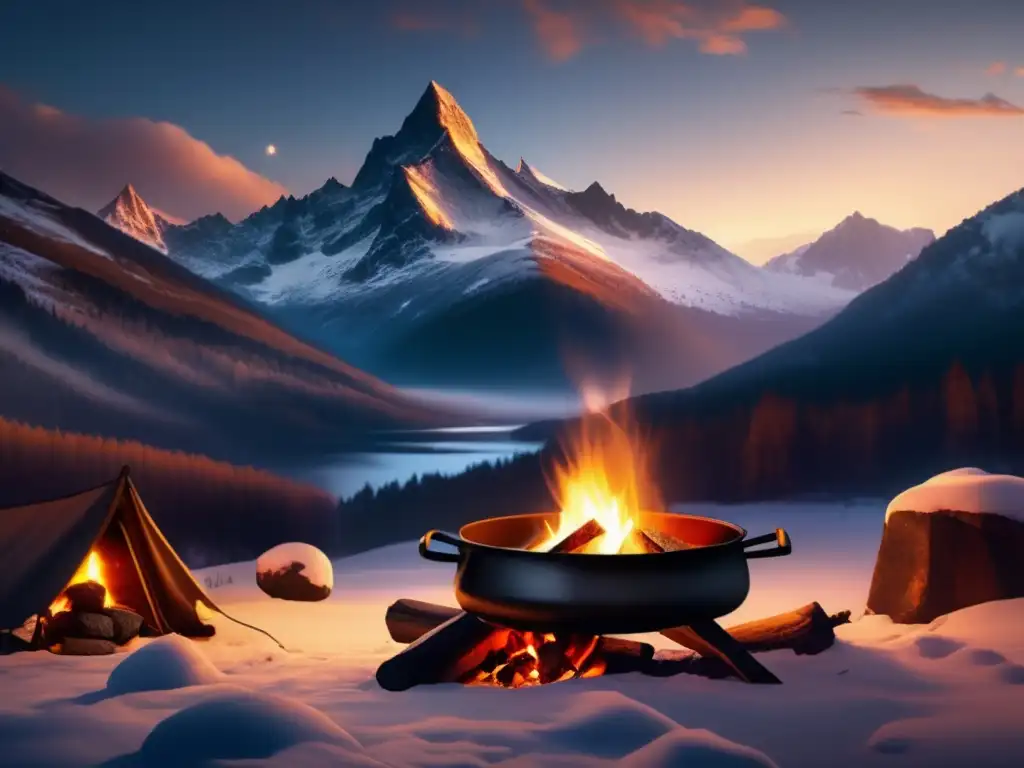 Estofado al aire libre en la montaña, majestuosos picos nevados, fogata y misterio en paisaje nocturno