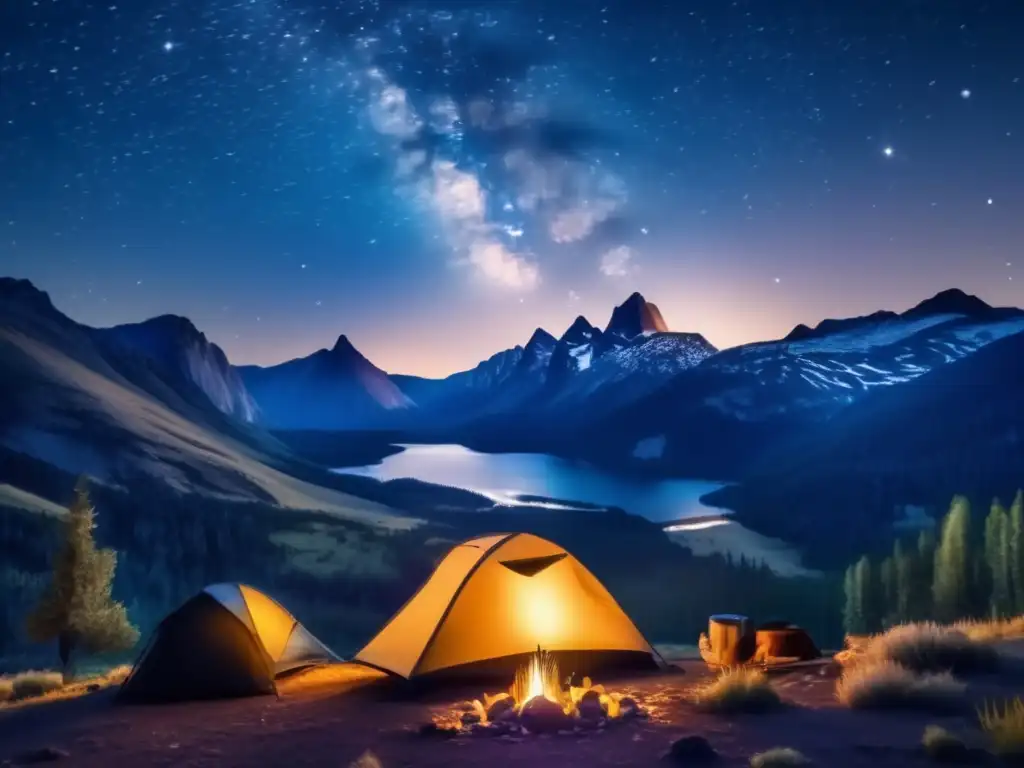 Beneficios del camping para dormir mejor: noche estrellada en la naturaleza con montañas, campamento y fuego