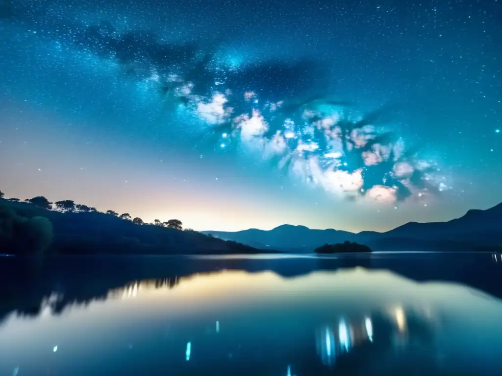 Fotografía nocturna de estrellas reflejadas en agua, con estilo moderno