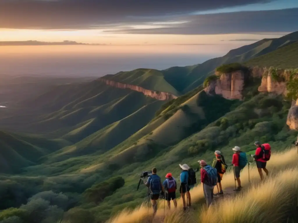 Evolución observación campismo senderismo: Drones capturan paisaje natural con hikers en acantilado al atardecer