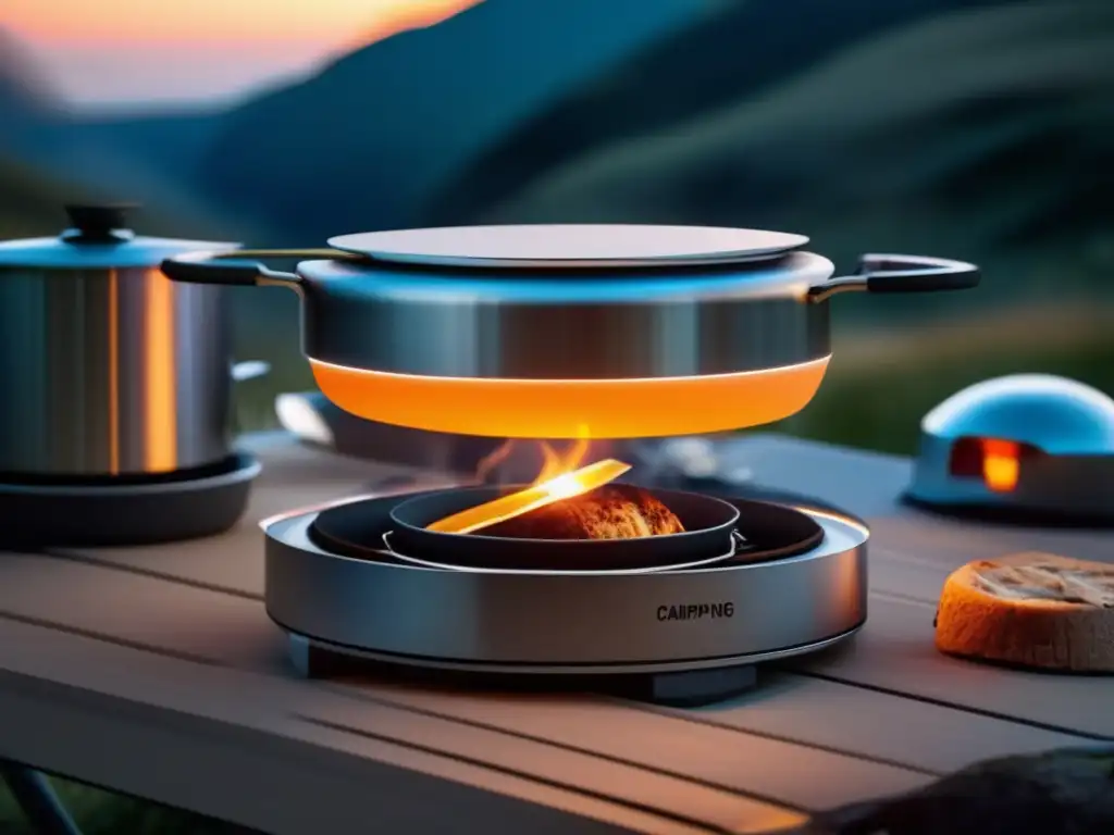 Evolución utensilios cocina acampar: campamento futurista con cocina minimalista, estufa multifuncional, utensilios avanzados y diseño innovador