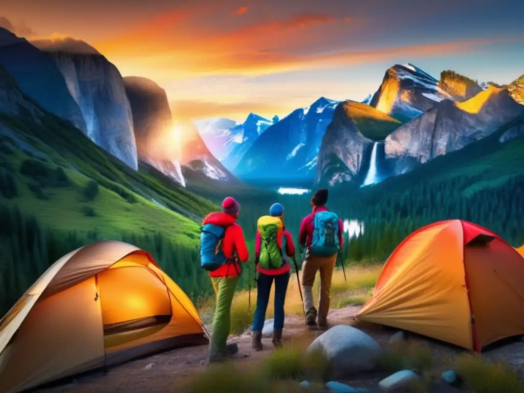 Historia tienda campaña senderismo: Hikers famosos disfrutan de la majestuosidad de la naturaleza, compartiendo experiencias y emociones al atardecer