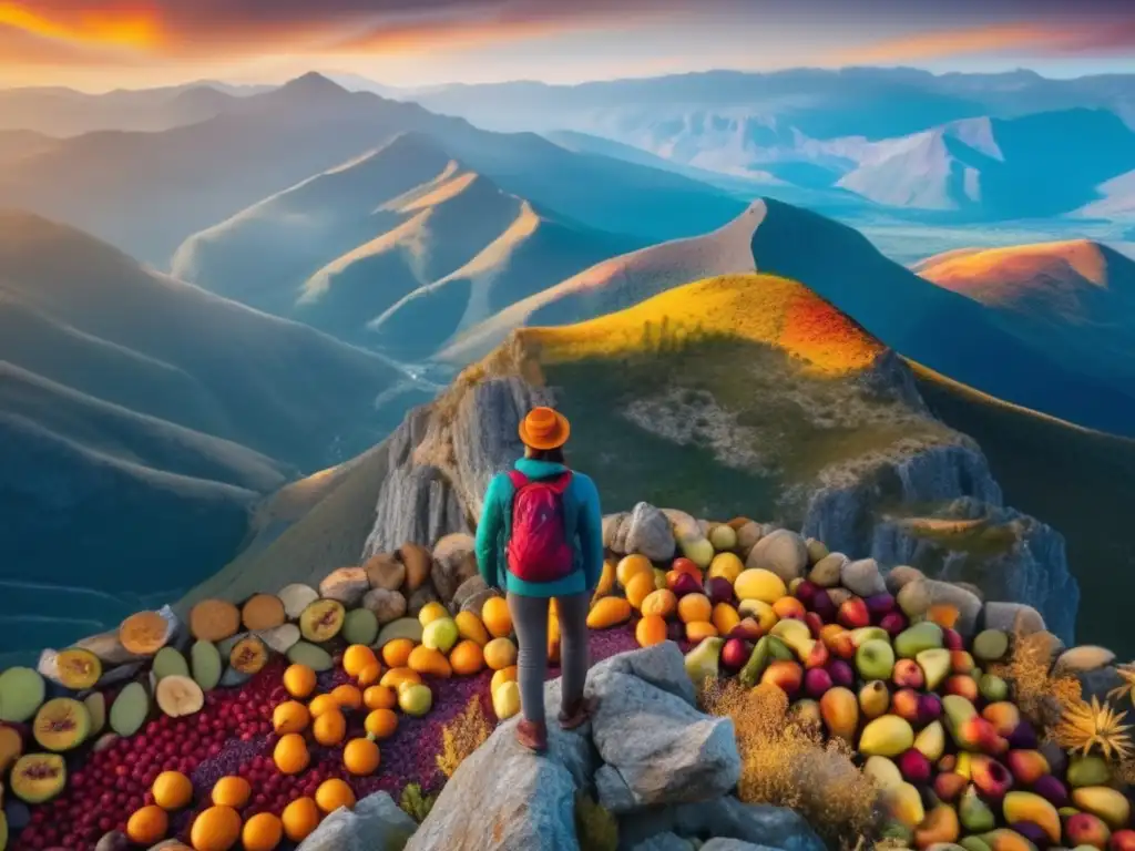 Hiker en acantilado contempla majestuoso paisaje montañoso rodeado de frutas desecadas