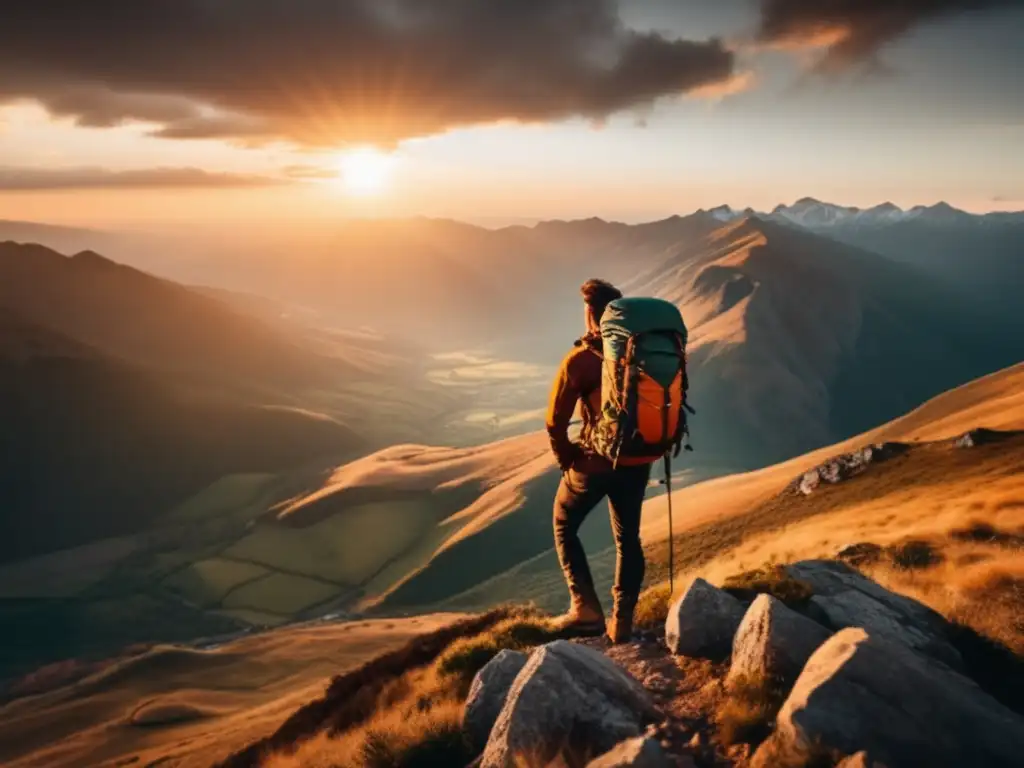 Hiker en montaña con el mejor equipamiento senderismo calidad, vista panorámica y atardecer