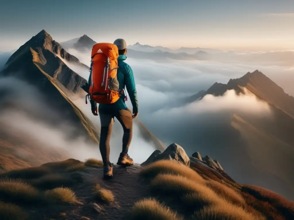 Hiker en cumbre con ropa de senderismo, destacando ventajas de transpirabilidad, resistencia al agua y aventura