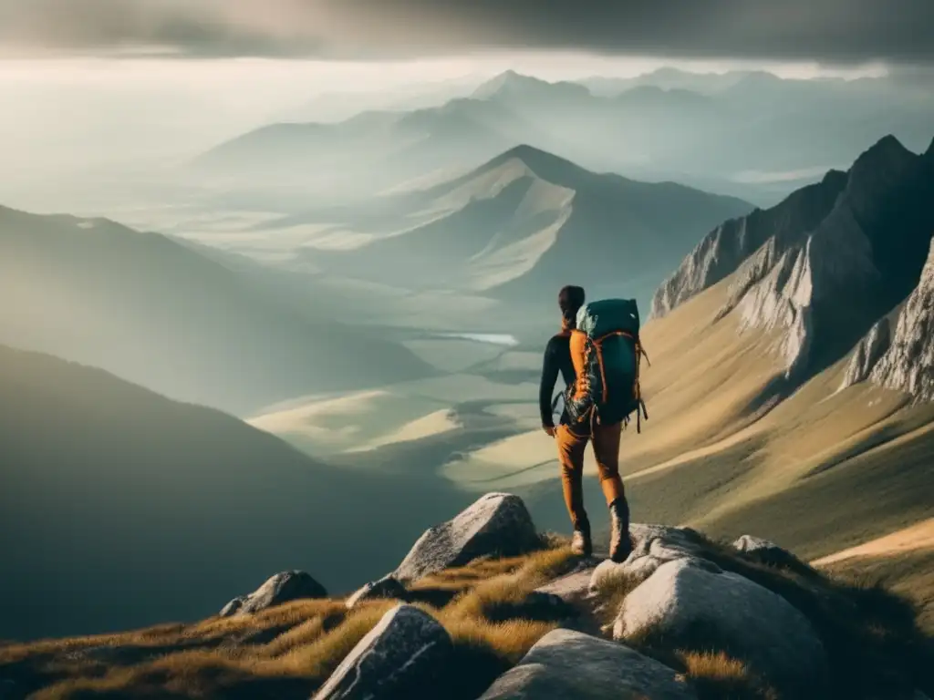 Hiker en acantilado con paisaje montañoso - Mejor equipamiento senderismo calidad