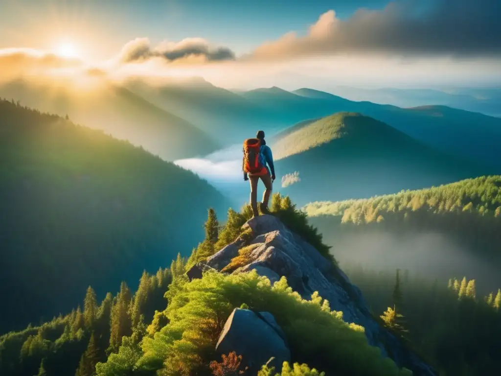 Equipamiento senderismo ideal: Hiker en cima neblinosa rodeado de bosque, luz solar y paisaje cautivador