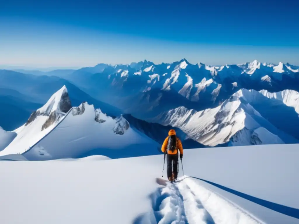 Majestuoso paisaje de montañas nevadas, aventuras en frío con saco de dormir para expediciones