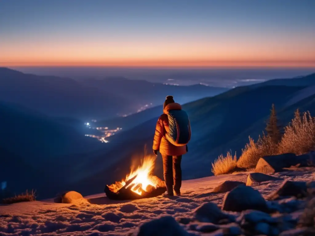 Saco de dormir ultradetallado 8K en la cima de la montaña al anochecer, iluminado por la suave luz de la hoguera