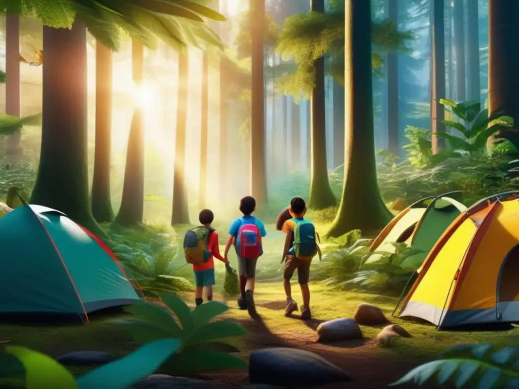 Niños exploran bosque misterioso en área protegida con acampada y actividades educativas