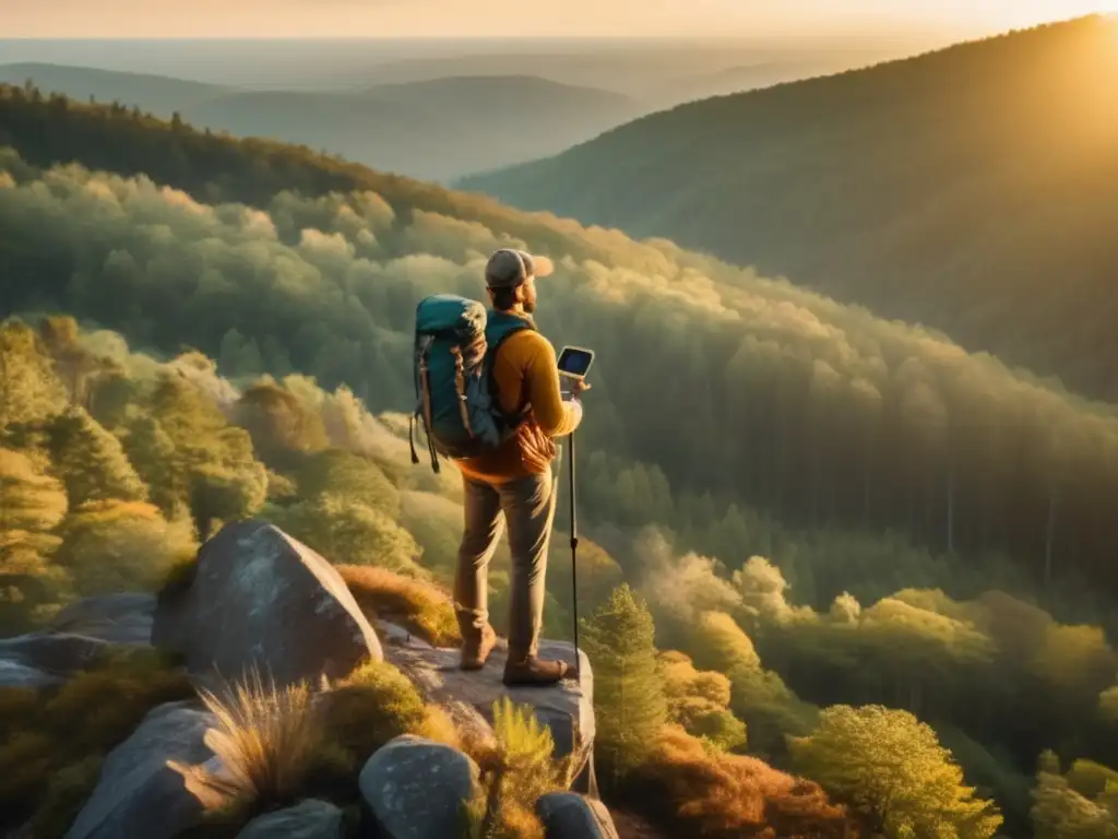 Un intrépido senderista con brújula y mapa, descubre la belleza de un bosque denso y misterioso