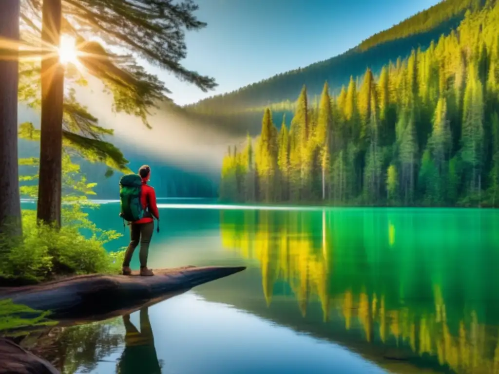 Importancia brújula y mapa en campismo: Hiker admirando la naturaleza y preparado con equipo moderno