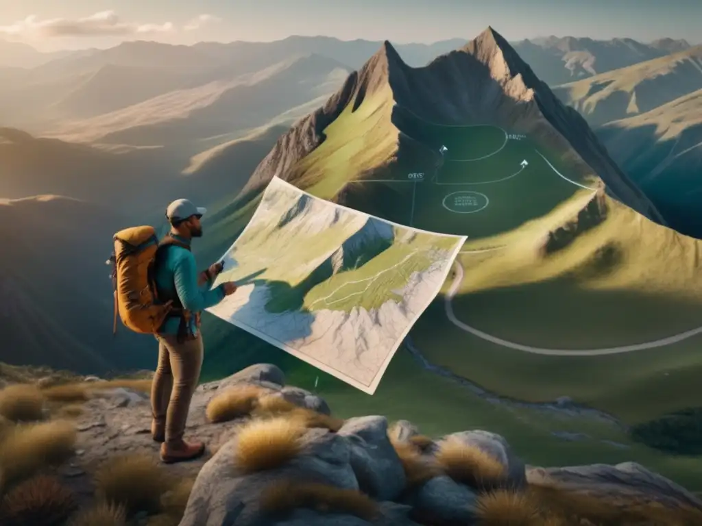 Hiker en la cima de una montaña con mapa y brújula - Importancia mapa brújula camping