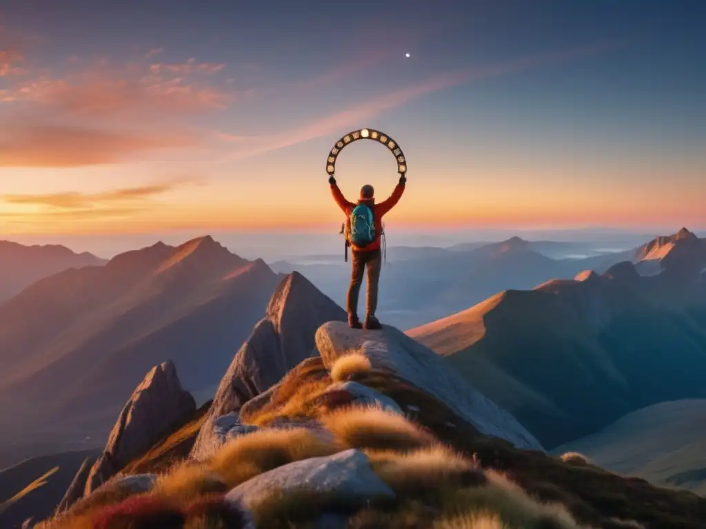 Hiker en la cima de una montaña al atardecer con astrolabio: Usos del astrolabio en senderismo