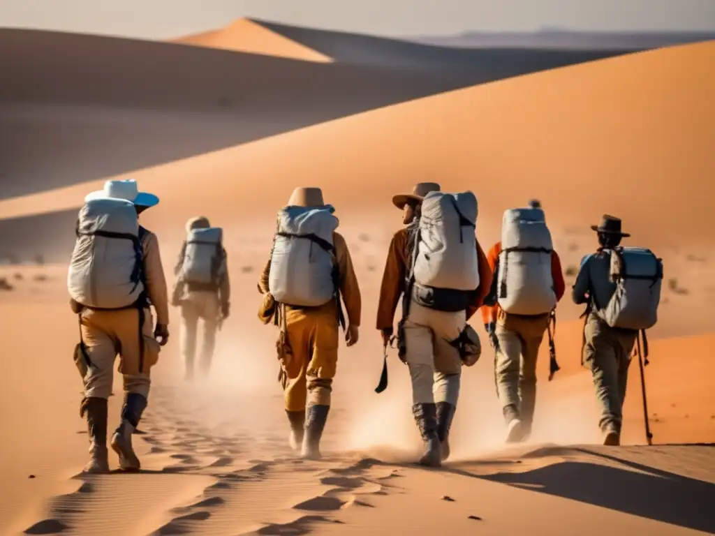 Exploradores equipados con técnicas de supervivencia en desierto analizan mapa en vasto y arido paisaje, lleno de desafíos