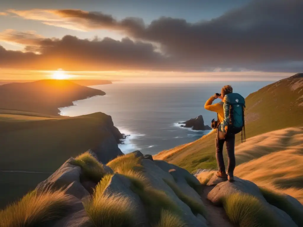 Hiker interpreta señales naturales en paisaje sereno con brújula, nubes y barco