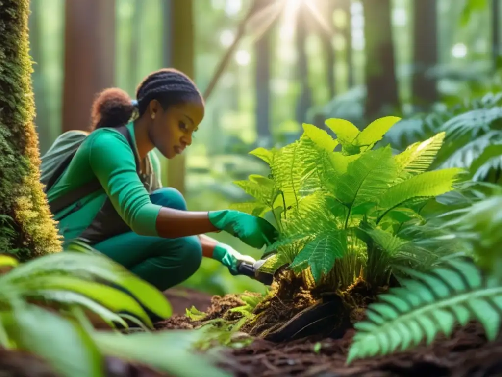 Descubre plantas comestibles para camping en un bosque exuberante con una persona explorando con curiosidad y una lupa