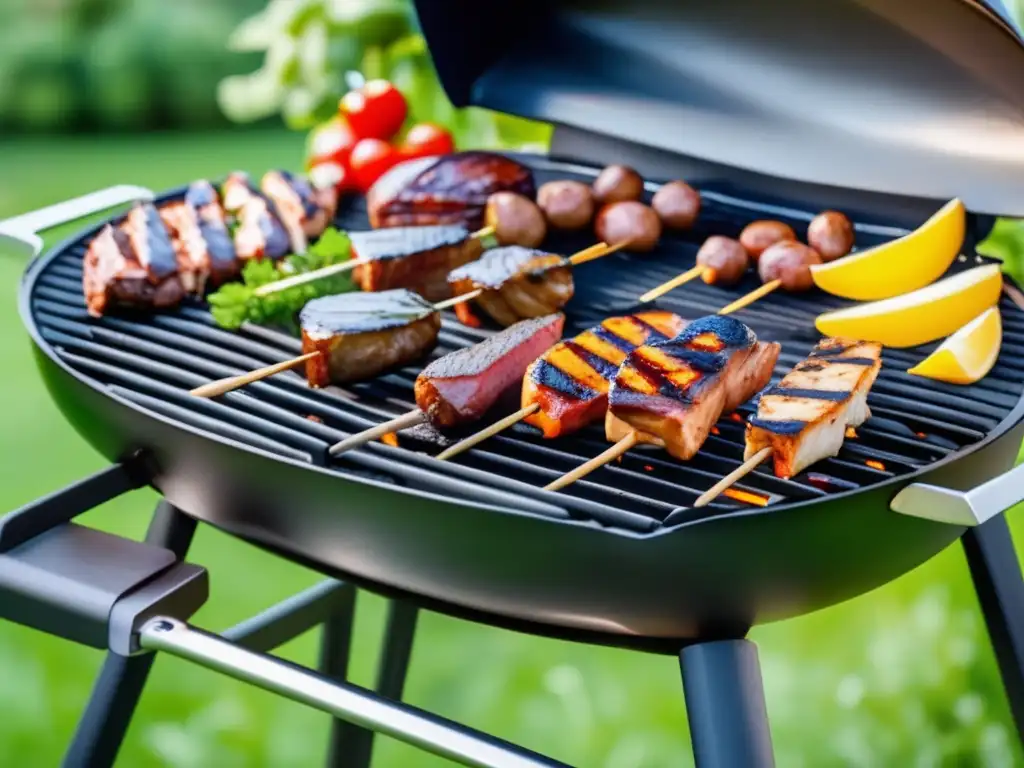 Exquisita parrillada al aire libre: carnes, pescados y verduras a la parrilla