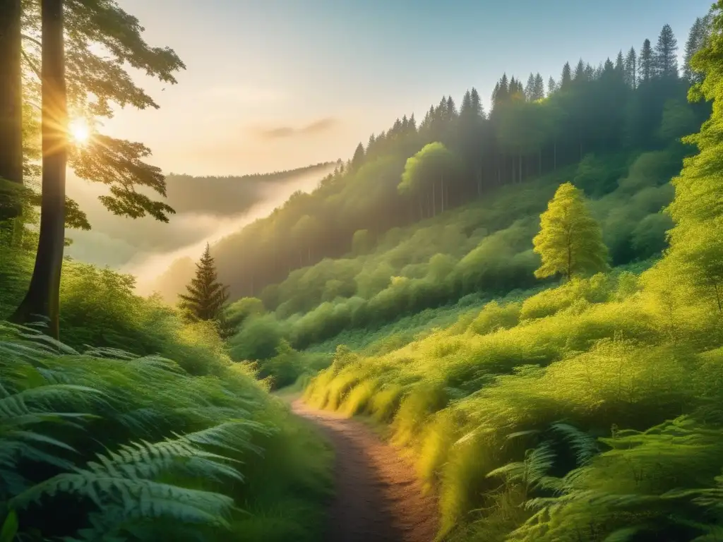 Una hermosa imagen 8k de un exuberante bosque bañado en suave luz dorada