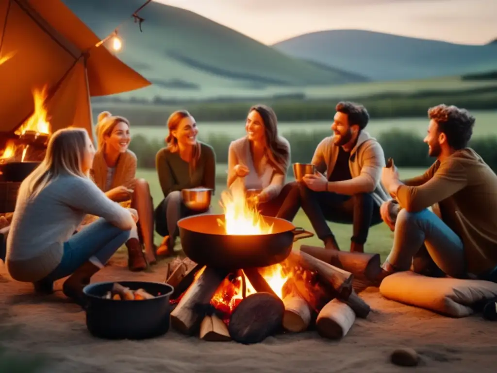 Amigos disfrutando de una fogata y preparando recetas sencillas para acampar