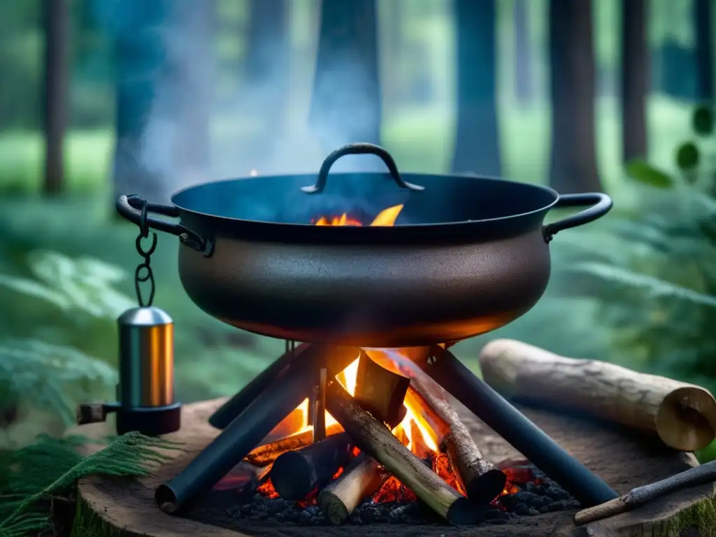 Campamento con fogata y olla de hierro para preparación de alimentos tradicionales