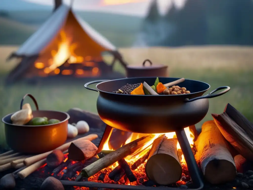 Preparación de alimentos tradicionales en olla de hierro para acampadas: una escena de cocina de campamento rústica con un toque moderno