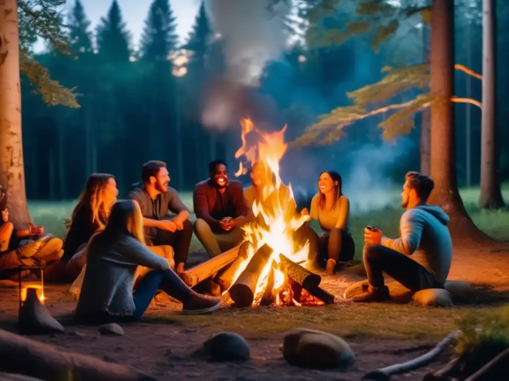 Recetas campamento sorprender compañeros acampada - Fogata nocturna en un bosque, amigos riendo y compartiendo historias