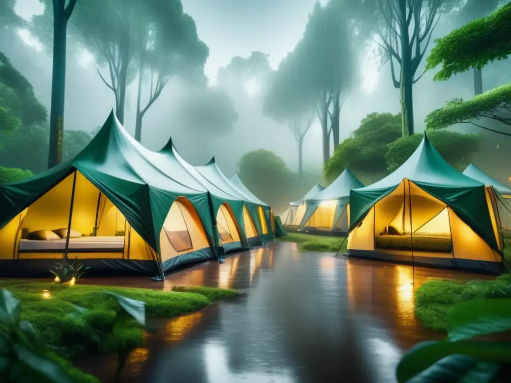 Accesorios de camping para lluvia: Innovaciones impermeables, tienda tecnológica, moda moderna y naturaleza serena