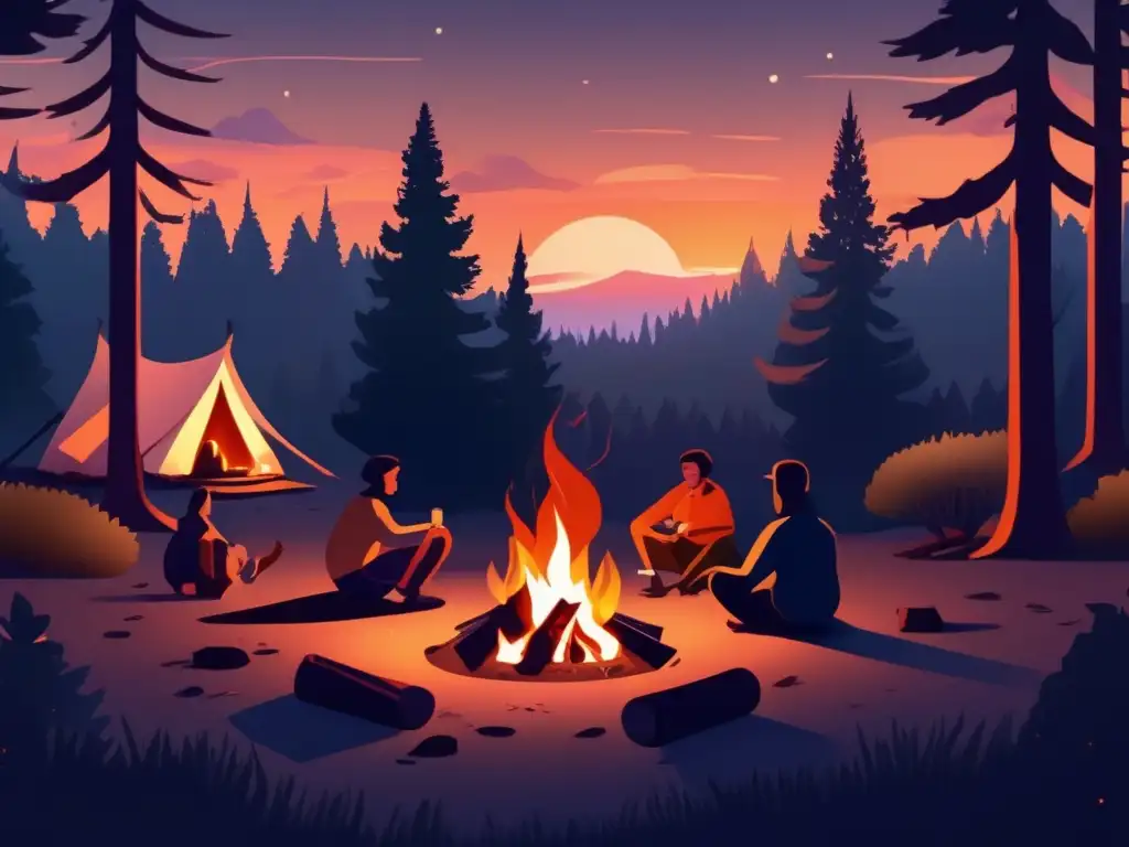 Acampada ancestral: honrar ancestros en bosque mágico con campfire y estrellas brillantes