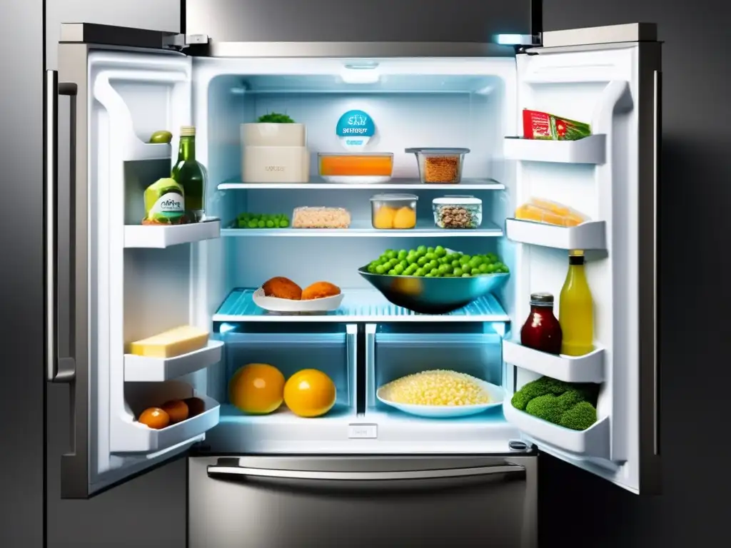 Almacenamiento de alimentos en climas fríos: Consejos esenciales - Refrigerador moderno con variedad de alimentos congelados