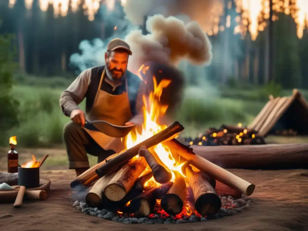 Ahumado de alimentos en senderismo y camping: Chef prepara ingredientes para marinar y sazonar en una fogata en el bosque