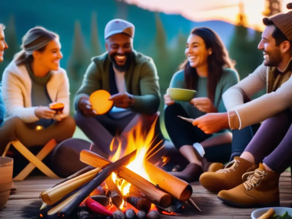 Grupo de amigos disfrutando de recetas sencillas alrededor de una fogata en un campamento