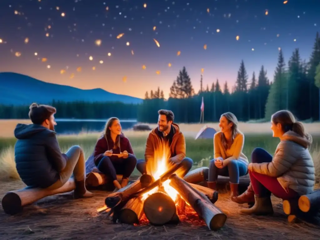 Grupo disfrutando de un campamento alrededor de una fogata, con árboles iluminados por la luna