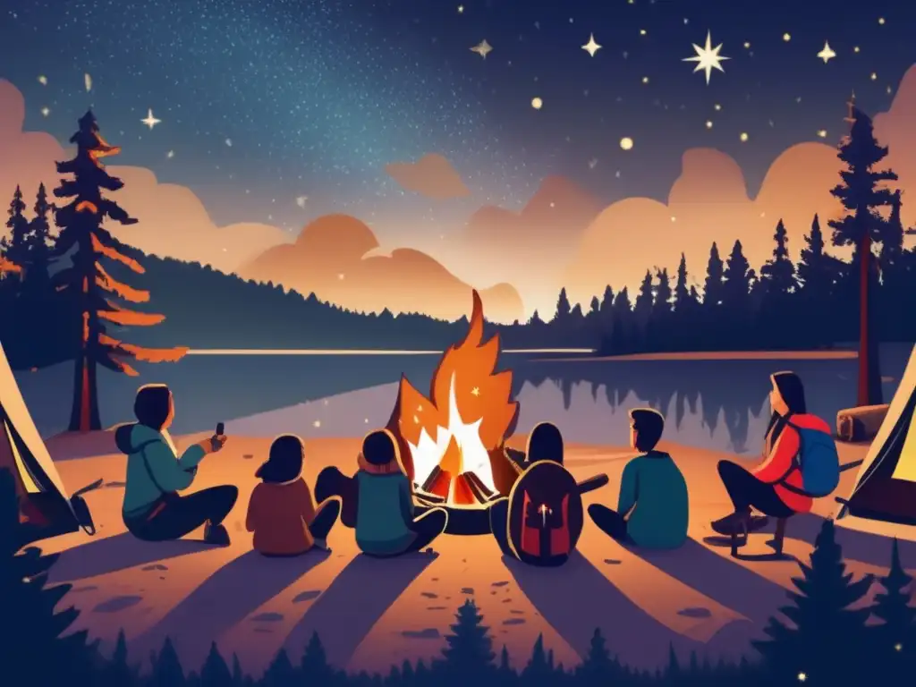 Beneficios del campismo en relaciones sociales: Campamento bajo las estrellas, campfire, alegría, camaradería, naturaleza, conexiones